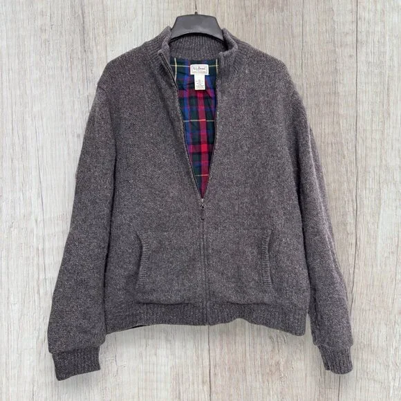 LL Bean Lambswool Bomber Jacket Gray Tartan Lined Zip Front Classic Coat Mens L