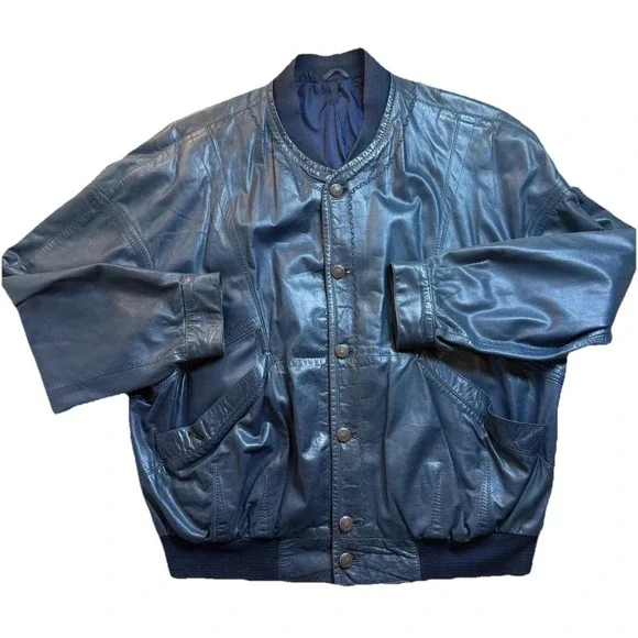VTG Moreschi Italy LambSkin Navy‎ Bomber Jacket Men XL Embroidered Details Moto