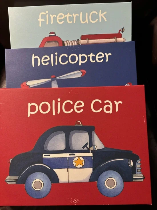 Kids Wall Art Canvas Set - Police Car, Helicopter & Firetruck - Blue/Red/Tan