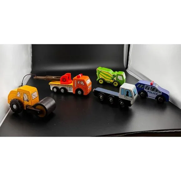 Wooden Madison Joseph Battat Construction Vehicles Police Trucks Vintage- READ‎
