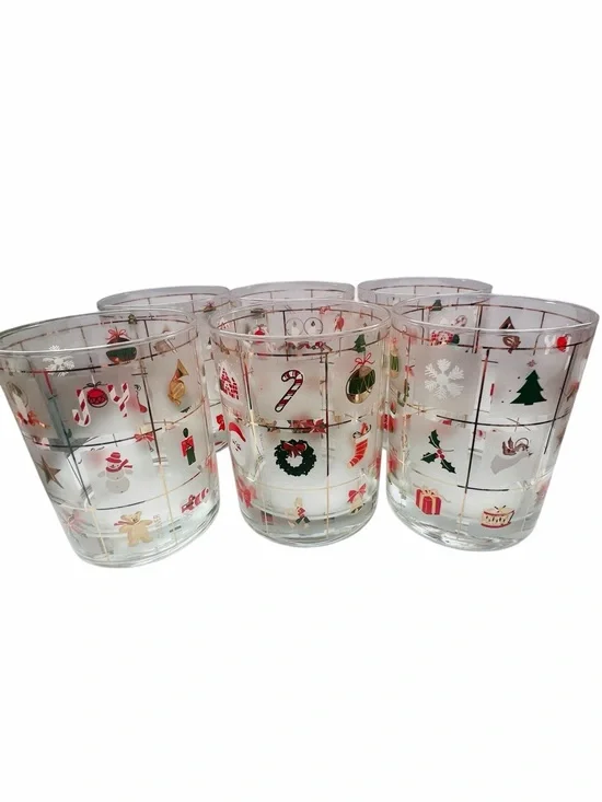 Vintage Culver 'Christmas Potpourri' Collection Set of 6 Glasses 1 Shot Glass
