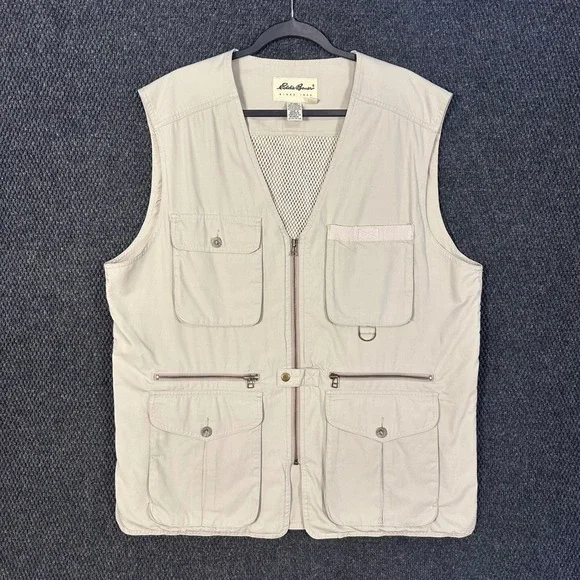 Vintage Eddie Bauer Utility Fishing Vest Mens L Beige Mesh Lined Safari Photo