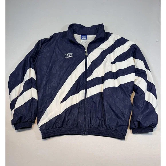 Vintage Umbro Jacket Mens XL Blue White Stripe Full Zip Windbreaker Soccer 90s