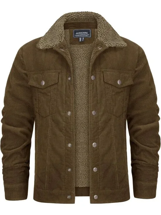 Men's Sherpa Lined Corduroy Jacket | Fleece Coat with 5 Pockets, Warm & Stylish