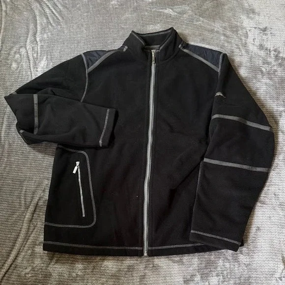 Tommy Bahama Mens Black Full Zip Fleece Jacket Mock Neck Grey Trim Size M