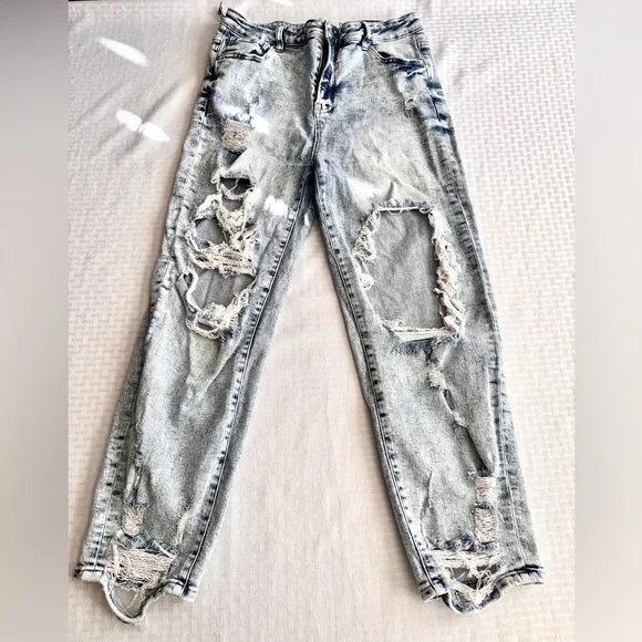 Risen Jeans RDP5022 Acid‎ Wash Distressed High Rise Jeans Light Blue Size 15/32