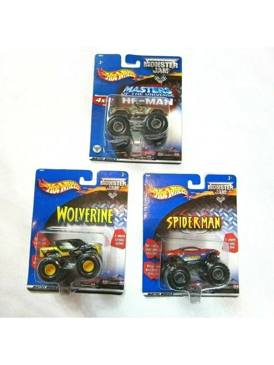 Lot of 3 Vintage Hot Wheels Monster Jam Wolverine, Spider-Man & He-Man 1:64 NEW