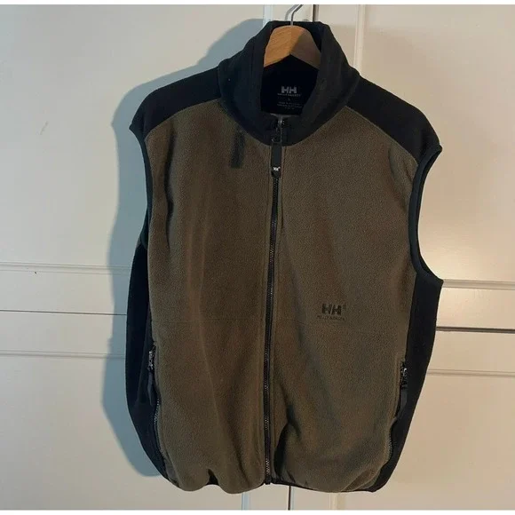 Helly Hansen Mens Fleece Vest Lg Olive‎ Green Black Full Zip Mock Neck Gorpcore