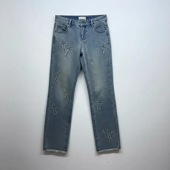 Austin Landing Cross Patch Denim Jeans Juniors 3 Grunge Goth Distressed Frayed
