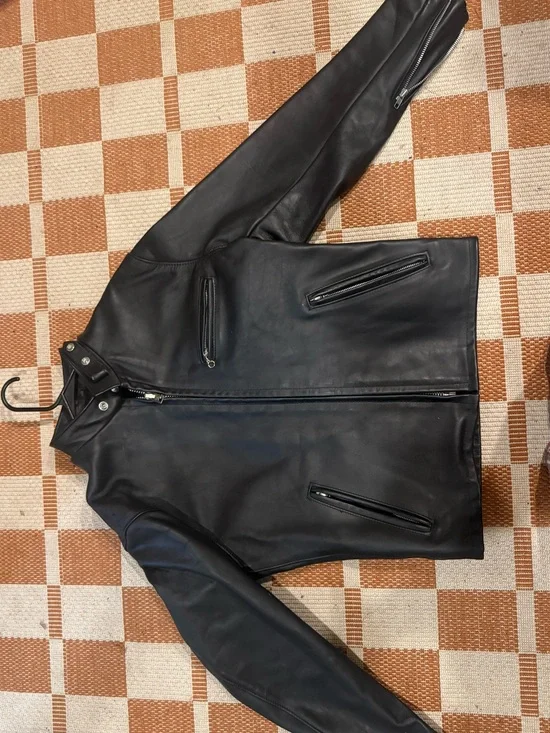 Men's Black Leather Bomber Jacket with Zip Pockets