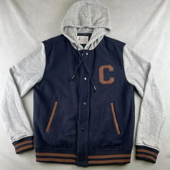 Champion Jacket Men M Navy Gray Hooded Varsity Letterman College Wool Blend Snap