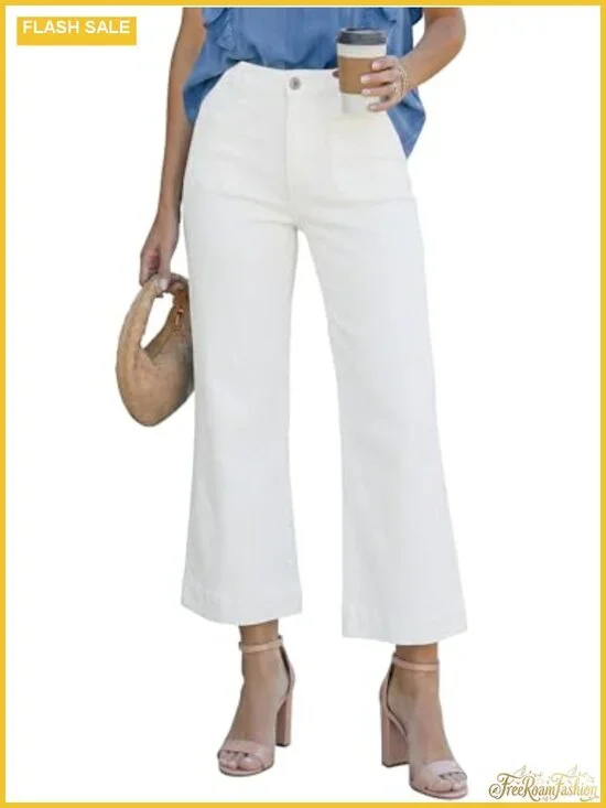 High Waisted Wide Leg Flare Jeans Cropped Denim Pants Stretchy Cotton Blend