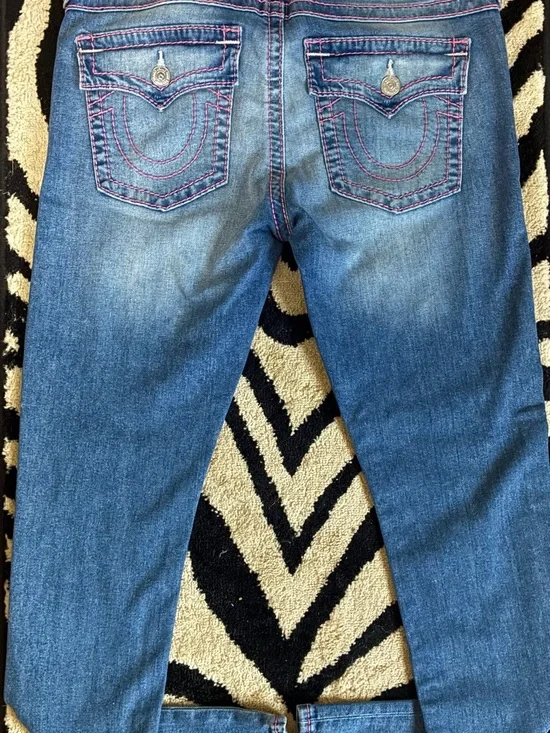 True Religion Mid-Blue Skinny Jeans with Pink Stitching