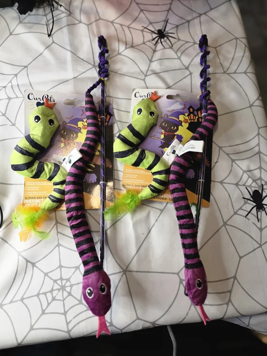 Cat Toy Wand with Green & Purple Striped Plush Snakes Beetlejuice Inspired