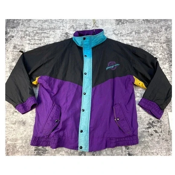 Vtg Snap-on‎ Mens M Windbreaker Jacket 90s Colorblock Purple Teal Racing Horizon