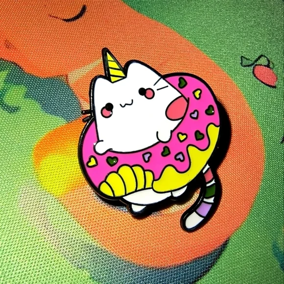 Cute Cat Enamel Pin with Pink Donut Design