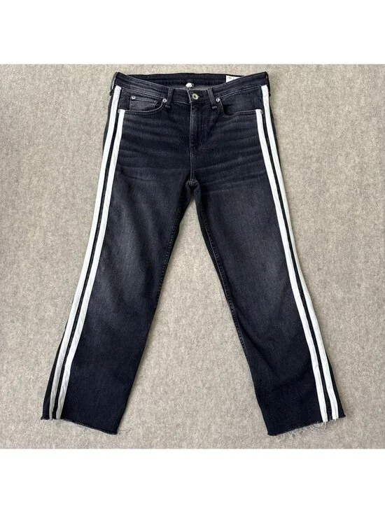 Rag‎ Bone Cate Flare Jeans Womens 29 Charcoal Stripe Mid Rise Ankle Cropped Raw