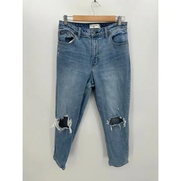 Abercrombie & Fitch The Mom High Rise Jeans Women 8R‎ Distressed Curve Love Blue