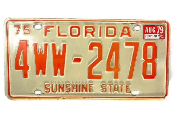Vintage 1975 Florida License Plate Tag Orange number letter Sunshine State