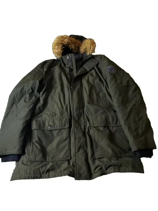 Tommy Hilfiger Parka Jacket Mens XL Green Polyester Hood Cargo Pocket Dark