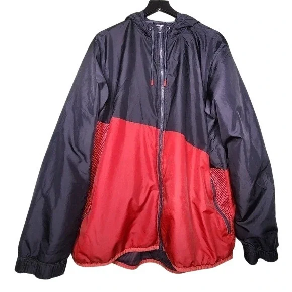 Russell Athletic‎ Mens Black Red Colorblock Hooded Windbreaker Jacket XL