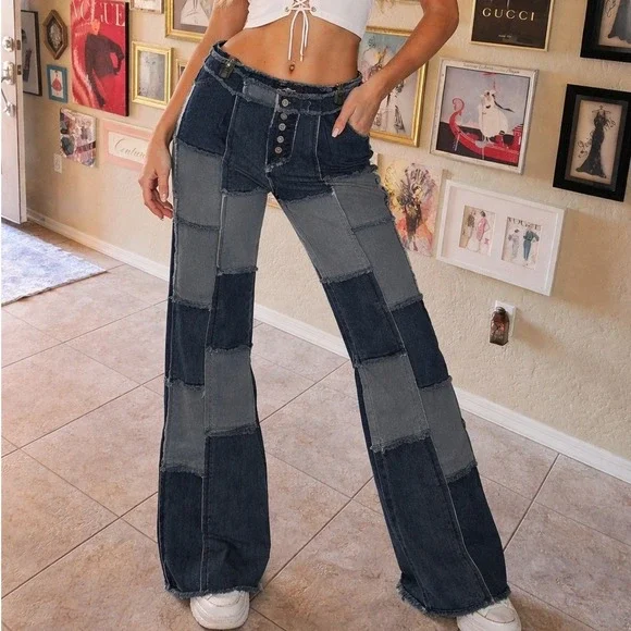 Lazer Jeans Patchwork Wide Leg Denim Pants Blue‎ Y2K Frayed Raw Hem Size 11