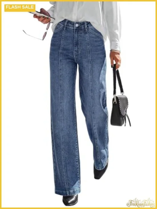 High Waisted Wide Straight Leg Stretch Denim Jeans Front Seam