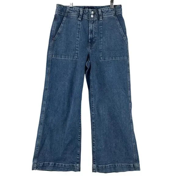 GAP Womens High Rise Wide-Leg Crop Jeans 8 29R Medium Wash Blue Stretch