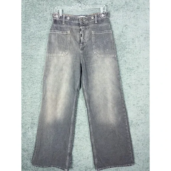 We The Free Palmer Wide Leg Jeans Womens 30 Black Faded Button‎ Fly Patch Boho