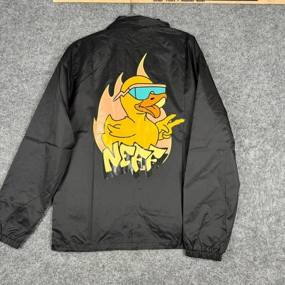 Neff Coach Jacket Mens Size Large Black Flaming Duck Graphic Lightweight Snap Up