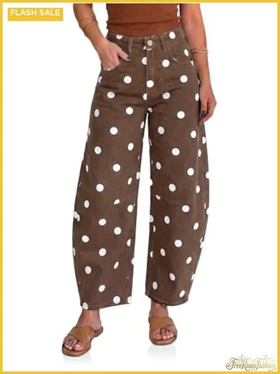 Women's High Rise Barrel Jeans Polka Dot Wide Leg Loose Stretchy Denim