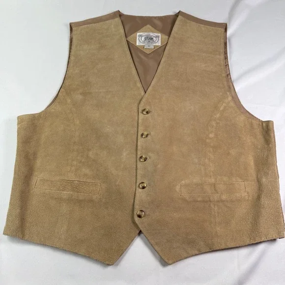 John Ashford Sport Mens Tan Suede Leather Vest Button Front Cinch Back Large