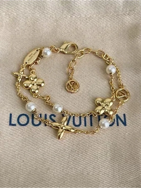 Louis Vuttion Gold Flower & Pearl Charm Bracelet