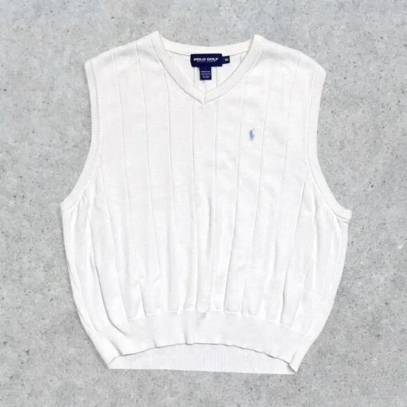 Polo by Ralph Lauren White V-Neck Cable Knit Vest with Light Blue Pony