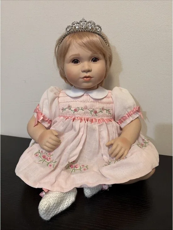 Danbury Mint Porcelain Girl Doll Pink Flower Dress Crochet Booties Collectible