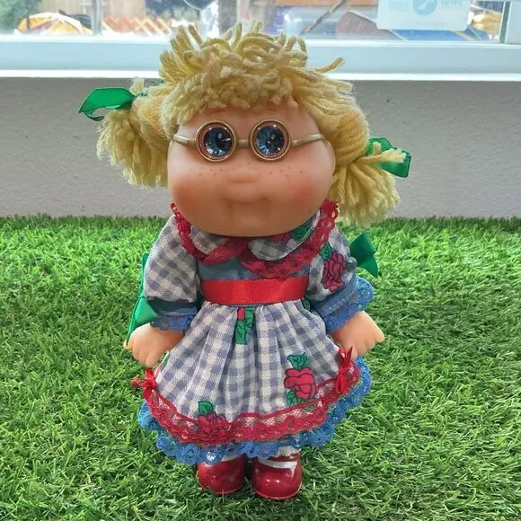 Vintage Cabbage Patch Kids Doll Blonde Glasses Dress Red Shoes 9” Coleco Style