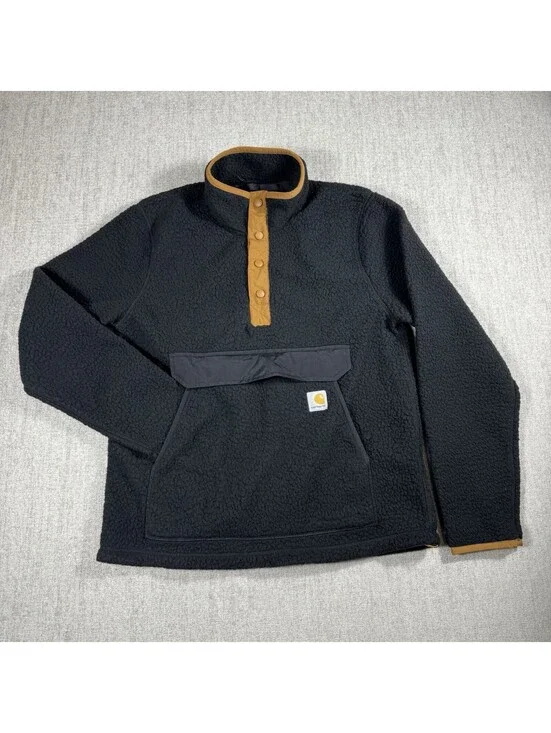 Carhartt Jacket Mens Small Black Brown Sherpa Pullover Sweater Button Snap RELAX