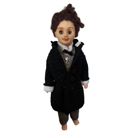 Vintage Gentleman Doll Handmade Crochet Tuxedo Suit Black Overcoat Mustache 12