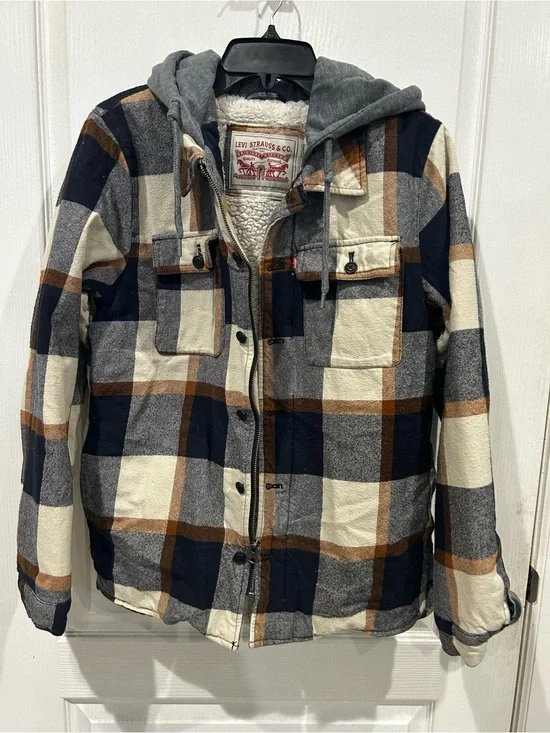 Levi' Strauss Men's Small Hooded Sherpa-Lined Plaid Jacket - Navy/Gray/Brown