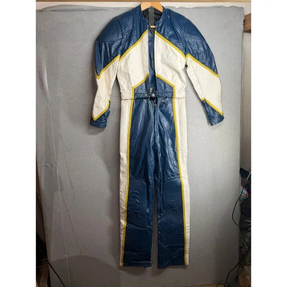 Vintage Leather Motorcycle Racing Suit Blue White Yellow handmade Jumpsuit