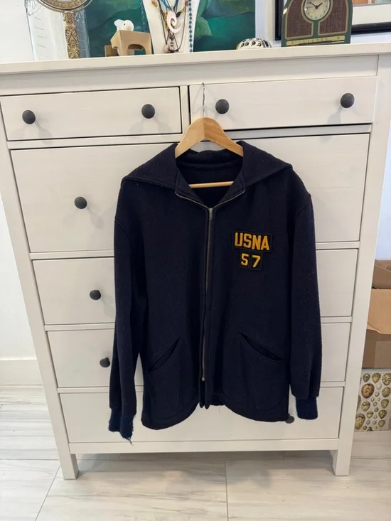 Vintage Midshipman Coat Navy Military Zip-Up Hoodie w/ Gold USNA Appliqué READ