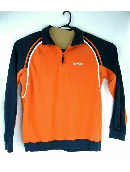 Tommy Hilfiger XL Orange Navy Blue Quarter Zip Fleece Pullover Sweatshirt 24x29