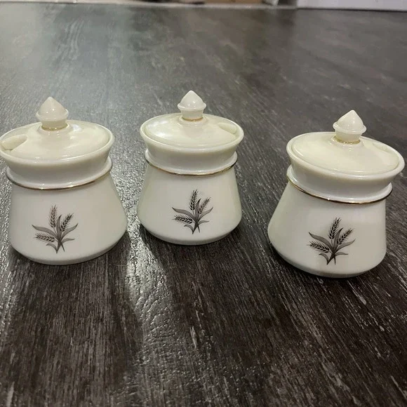 LOT OF 3 Vintage Wheaton Ware Custard Glass Condiment Jar/Jam/Jelly Golden Wheat