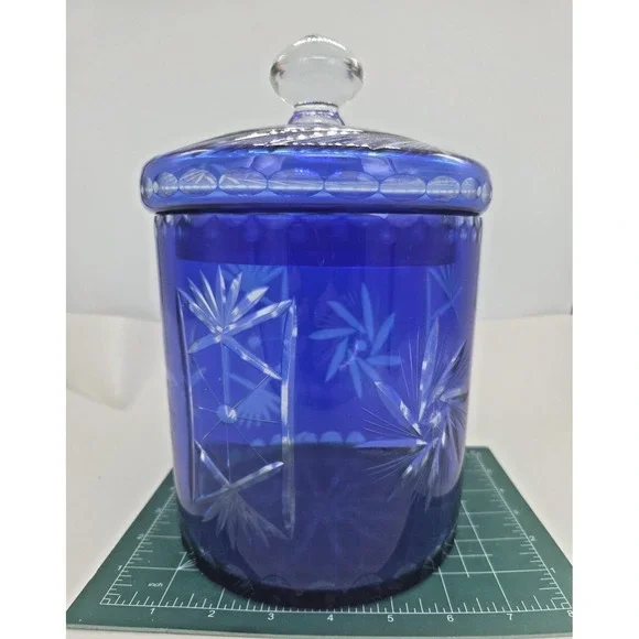 Bohemian Czech Cobalt Blue Cut to Clear‎ Pinwheel Biscuit Cookie Jar Ice Bucket
