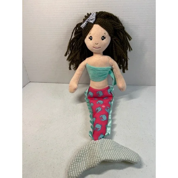 The Preppy Pelican Mermaid Plush Rag Doll Pink Crab Tail Brown Yarn Hair 19.5