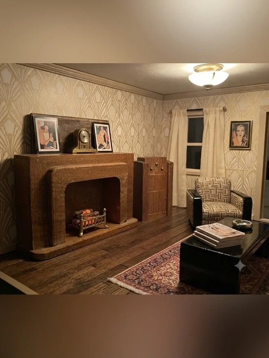 Vintage Miniature Wood Dollhouse Fireplace and Floor Radio