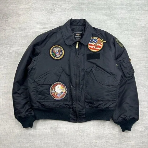 Alpha Industries Flight Jacket Mens XL Black Flyers CWU-45/P Crew Bomber Patches