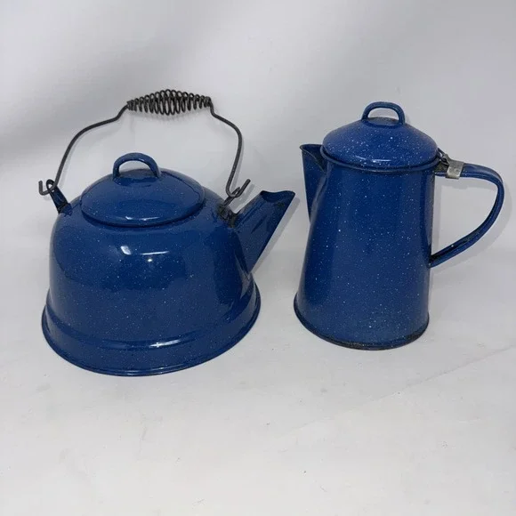 2 Pc Speckle Blue Enamelware Kettle tea coffee pot metal spring handle Camping