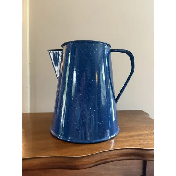 Vintage Blue Speckled Enamelware Metal Coffee Pot Camp Rustic Farmhouse