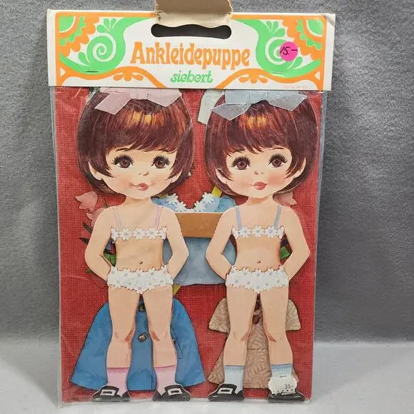Brunette Twin Paper Doll Set Ankleidepuppe Siebert NOS Unopen Vintage 1970s RARE
